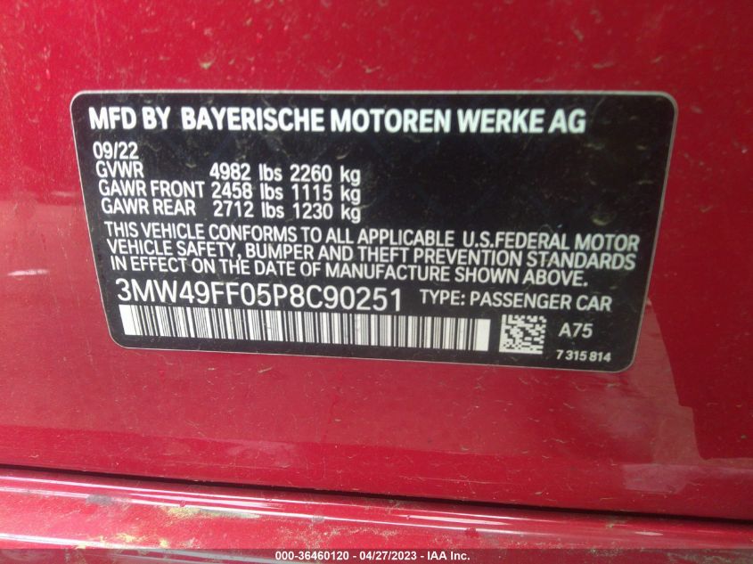 BMW 3 SERIES 2023 RED VIN : 3MW49FF05P8C90251